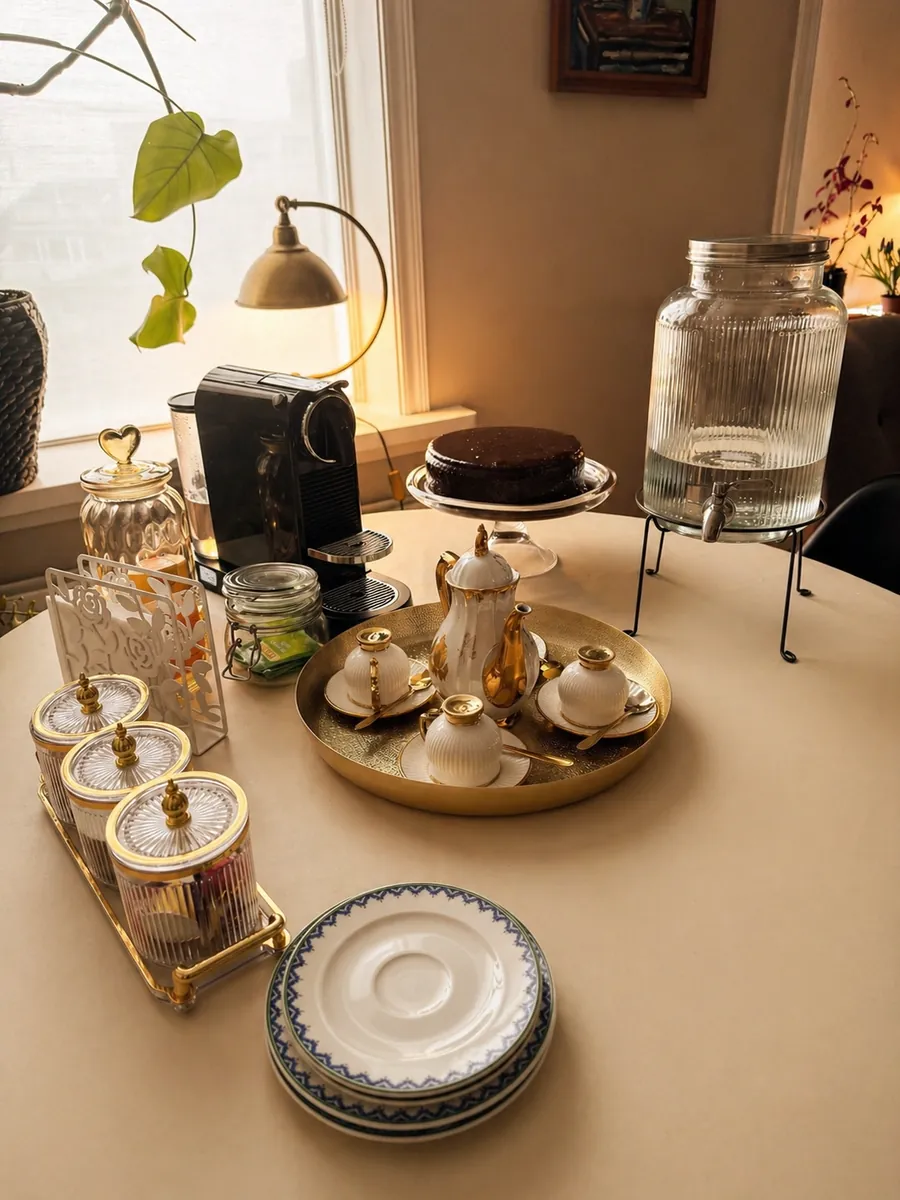 Lounge area and tea service detail at Brum Esthetics
