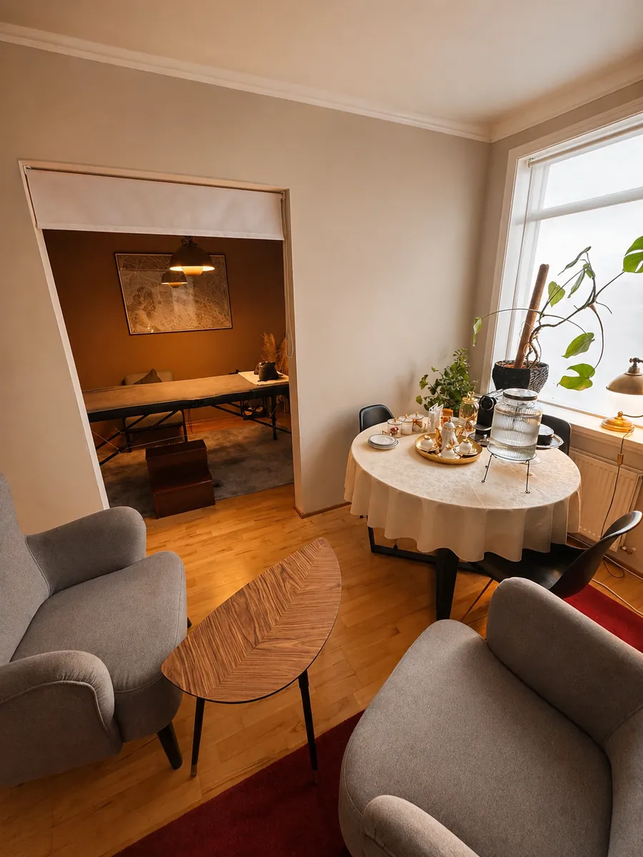 Reception lounge and treatment room at Brum Esthetics